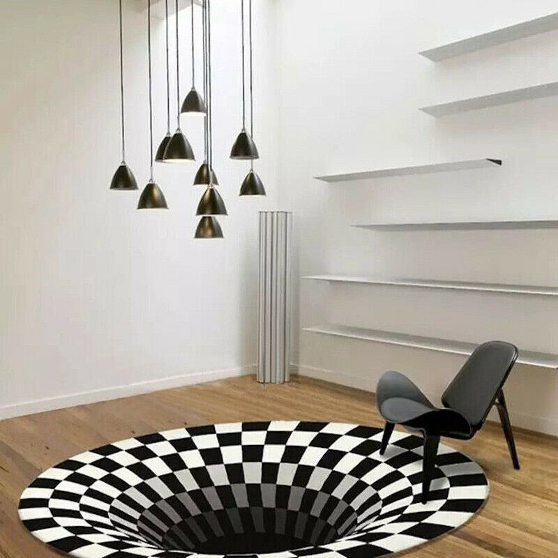 3D Vortex Carpet Black White Grid Bottomless Hole Illusion Rug