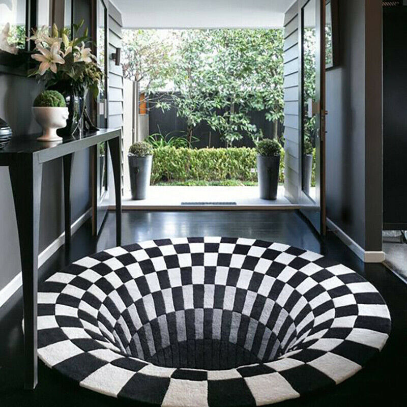 3D Vortex Carpet Black White Grid Bottomless Hole Illusion Rug