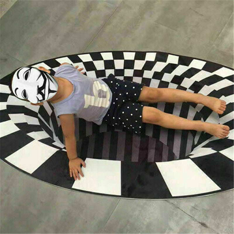 3D Vortex Carpet Black White Grid Bottomless Hole Illusion Rug